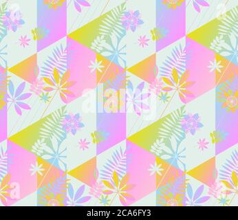 Pastel neon tropical nature seamless pattern for background, fabric, textile, wrap, surface, web and print design. Geometric abstract flowers and leav Stock Vector