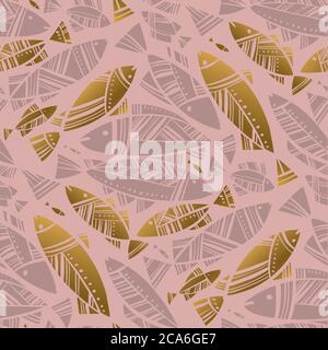 Luxury rosy and gold mosaic fish seamless pattern for background, wrap, fabric, textile, wrap, surface, web and print design. Elegant decorative coral Stock Vector