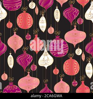 Decorative xmas vintage bauble on black background seamless pattern for background, wrap, fabric, textile, wrap, surface, web and print design. Retro Stock Vector