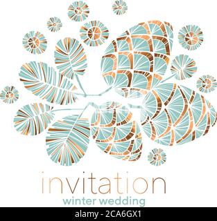 Xmas vibes pastel teal green pine cone composition for card, header, invitation, poster, social media, post publication. Gold and pale blue luxury Chr Stock Vector