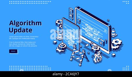 Algorithm update isometric landing page. Programming, digital optimization for devices concept with smartphone and computer desktop, cogwheels and under construction sign 3d vector line art web banner Stock Vector