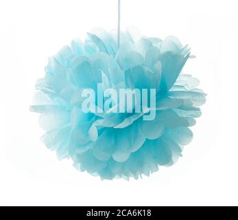 blue tissue pompom decor isolated on white background Stock Photo