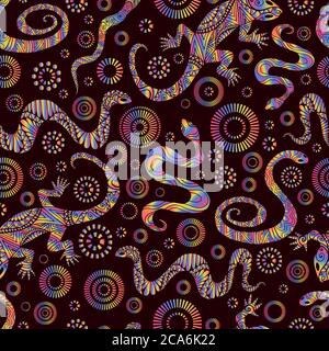 Vintage abstract psychedelic lizards and snakes seamless pattern, isolated on dark brown background. Stock Vector