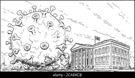 Vector cartoon drawing of giant or big Covid-19 or SARS-CoV-2 coronavirus or virus on White House garden, residence of president of United States, concept of epidemic in US.