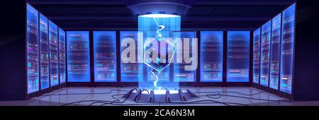 Vector cartoon interior of future data center room with server hardware and hologram of processor. Concept of bigdata technology, cloud information base, artificial intelligence Stock Vector