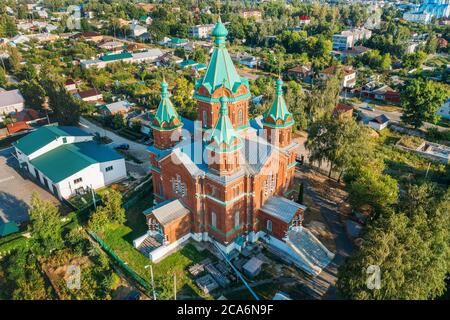 Russia, Zadonsk. Cathedral of Holy Trinity in Zadonsk Trinity monastery, aerial view from drone. Stock Photo