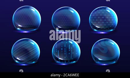 Force shield bubbles, energy glowing spheres or defense dome fields. Science fiction various deflector elements, firewall absolute protection isolated on blue background, Realistic 3d vector set Stock Vector