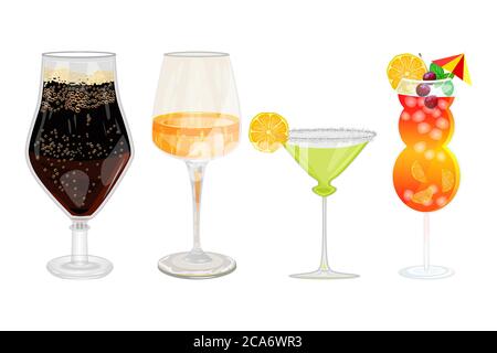 Alcohol drinks and cocktails set isolated on white background. Popular alcoholic cocktails, dark beer, white wine, margarita and mai tai. Stock vector Stock Vector