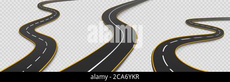 Road, winding highway isolated on transparent background. Journey two lane curve asphalt pathway going into the distance. Route direction and navigation signs for map, Realistic 3d vector icons set Stock Vector