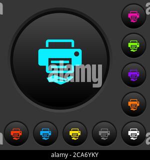 Shared printer dark push buttons with vivid color icons on dark grey background Stock Vector