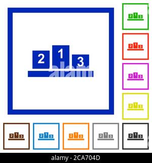 Winners podium with inside numbers flat color icons in square frames on white background Stock Vector