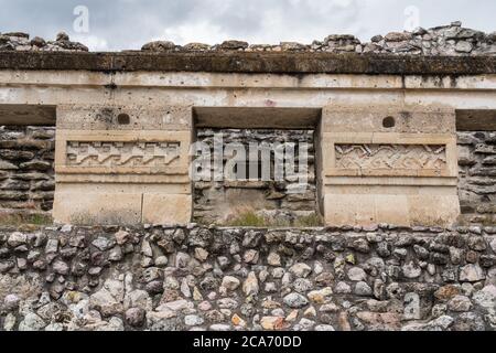 The ruins of  Building 9 in Courtyard F in the Zapotec city of Mitla in Oaxaca, Mexico.   A UNESCO World Heritage Site. Stock Photo