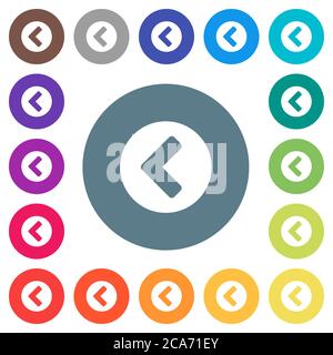 Chevron left flat white icons on round color backgrounds. 17 background color variations are included. Stock Vector