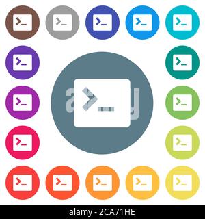 Command terminal flat white icons on round color backgrounds. 17 background color variations are included. Stock Vector