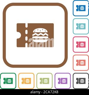 Fast food restaurant discount coupon simple icons in color rounded square frames on white background Stock Vector