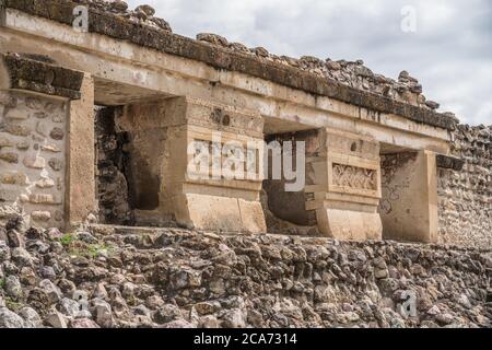 The ruins of  Building 9 in Courtyard F in the Zapotec city of Mitla in Oaxaca, Mexico.   A UNESCO World Heritage Site. Stock Photo