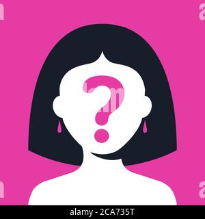 girl with a question mark on her face on a pink background. hide your face. flat vector illustration. Stock Vector