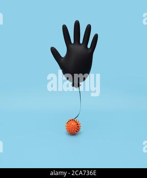 Black inflated surgical glove on a blue background with a model of the virus. Prevention of coronavirus, covid-19. Minimal healthcare concept. Stock Photo