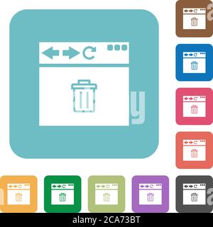 Browser delete white flat icons on color rounded square backgrounds Stock Vector