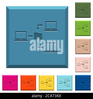 Network file system engraved icons on edged square buttons in various trendy colors Stock Vector