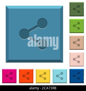 Share engraved icons on edged square buttons in various trendy colors Stock Vector