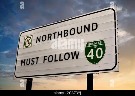 Northbound Must Follow Business I-40 sign just outside Amarillo Texas Stock Photo