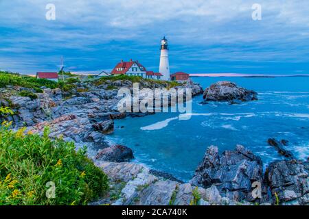 Portland Head Lighthouse at Fort Williams Park, Cape Elizabeth, Maine just before sunset. Stock Photo