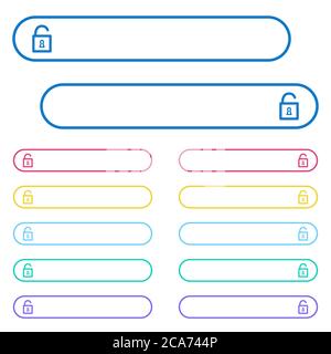 Unlocked padlock with keyhole icons in rounded color menu buttons. Left and right side icon variations. Stock Vector