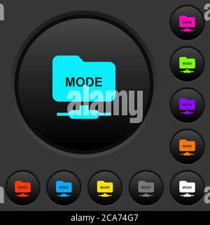 Set FTP transfer mode dark push buttons with vivid color icons on dark grey background Stock Vector