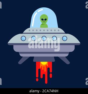 an alien flies on a flying saucer in the night. flat vector illustration. Stock Vector