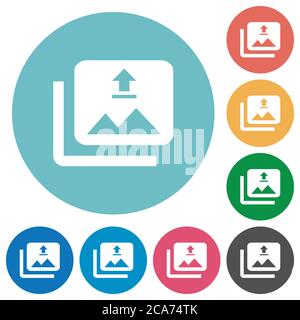 Upload multiple images flat white icons on round color backgrounds. 6 ...