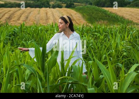 Young farmer in corn field. Cheerful woman posing in the corn crop, agriculture and cultivation concept. Stock Photo