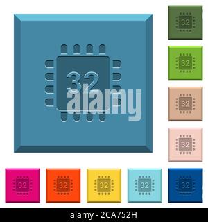 Microprocessor 32 bit architecture engraved icons on edged square buttons in various trendy colors Stock Vector