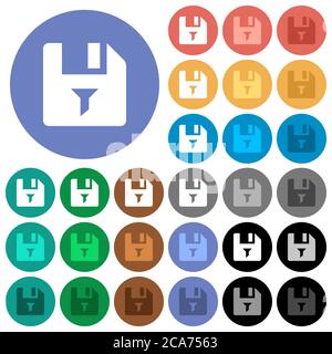 Filter file multi colored flat icons on round backgrounds. Included white, light and dark icon variations for hover and active status effects, and bon Stock Vector