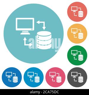 Syncronize data with database flat white icons on round color backgrounds Stock Vector
