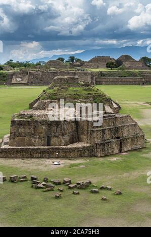 The view of the Observatory and the Main Plaza from atop the South Platform at the pre-Columbian Zapotec ruins of Monte Alban in Oaxaca, Mexico.  A UN Stock Photo