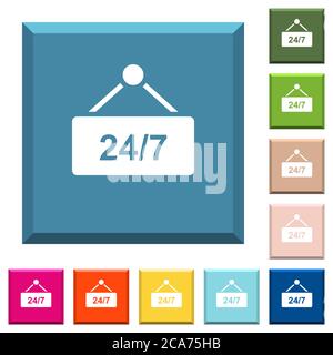 hanging table with 24h seven days a week white icons on edged square buttons in various trendy colors Stock Vector