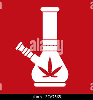 bong flat illustration on a red background. emblem of marijuana. vector illustration Stock Vector