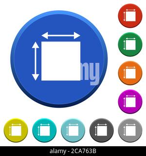 Elemet dimensions round color beveled buttons with smooth surfaces and flat white icons Stock Vector