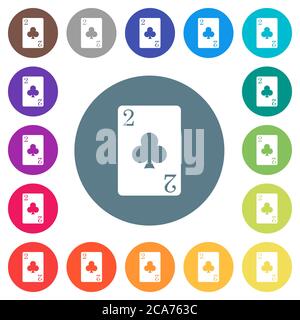 Two of clubs card flat white icons on round color backgrounds. 17 background color variations are included. Stock Vector