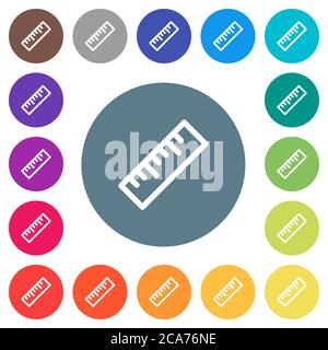 Ruler flat white icons on round color backgrounds. 17 background color variations are included. Stock Vector