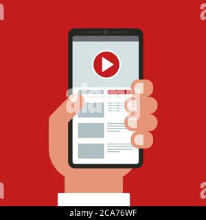 hand holds a mobile phone. watching videos in the application. flat vector illustration Stock Vector