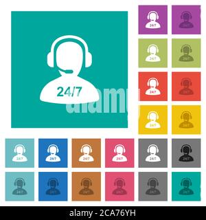 24 hours operator service multi colored flat icons on plain square backgrounds. Included white and darker icon variations for hover or active effects. Stock Vector