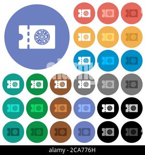 Pizzeria discount coupon multi colored flat icons on round backgrounds. Included white, light and dark icon variations for hover and active status eff Stock Vector