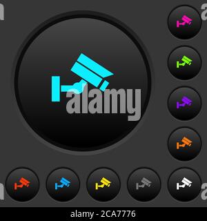 Security camera dark push buttons with vivid color icons on dark grey background Stock Vector