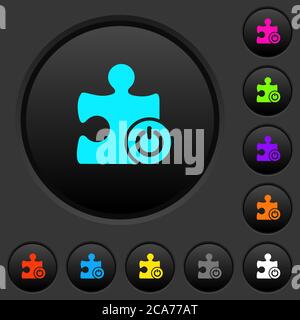 Switch on off plugin dark push buttons with vivid color icons on dark grey background Stock Vector