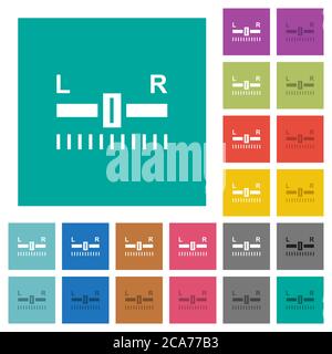 Audio balance control multi colored flat icons on plain square backgrounds. Included white and darker icon variations for hover or active effects. Stock Vector