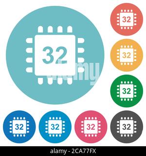 Microprocessor 32 bit architecture flat white icons on round color backgrounds Stock Vector