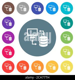 Syncronize data with database flat white icons on round color backgrounds. 17 background color variations are included. Stock Vector