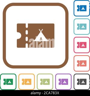 Camping discount coupon simple icons in color rounded square frames on white background Stock Vector